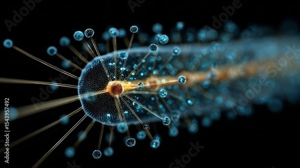 Fototapeta Bioluminescent warning flash tomopteris marine worm in reaction to touch accurate depiction of natural defense emission in ocean darkness
