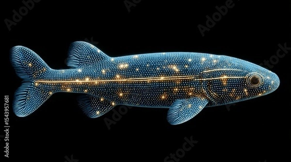 Fototapeta Bioluminescent velvet belly lanternshark photographed midwater zone underside glowing faintly in natural camouflage pattern