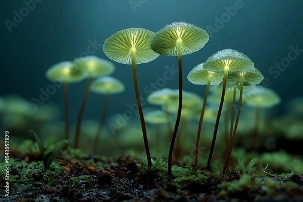 Fototapeta Bioluminescent toadstools glowing rainforest floor under thick canopy green glow in humidity filled natural environment