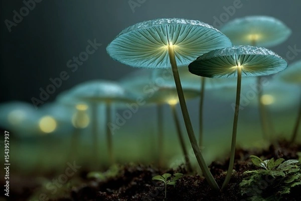 Fototapeta Bioluminescent toadstools glowing rainforest floor under thick canopy green glow in humidity filled natural environment