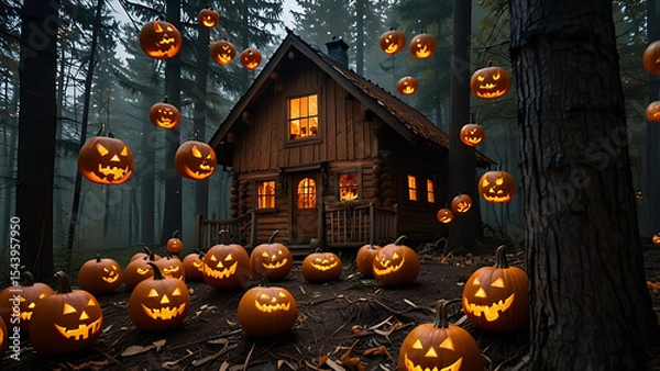 Fototapeta A swarm of flying jack-o'-lanterns attacking a small cabin in the woods, their mouths open with fire pouring out.