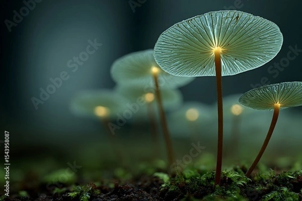 Fototapeta Bioluminescent toadstools glowing rainforest floor under thick canopy green glow in humidity filled natural environment
