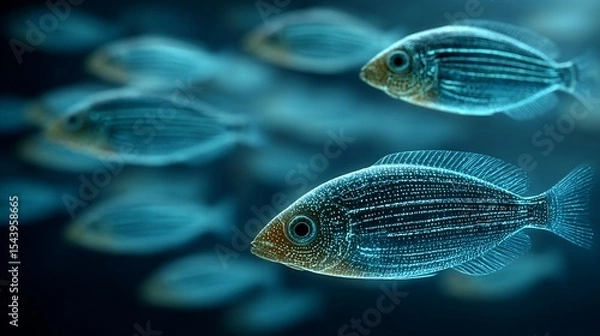 Fototapeta Bioluminescent signal coordination flashlight fish school at night light used for group navigation and hunting shown underwater