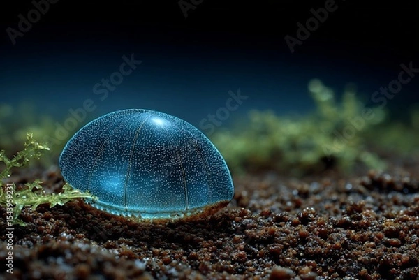 Fototapeta Bioluminescent shark egg sac glowing underwater seafloor natural lighting and close up of translucent casing in marine setting