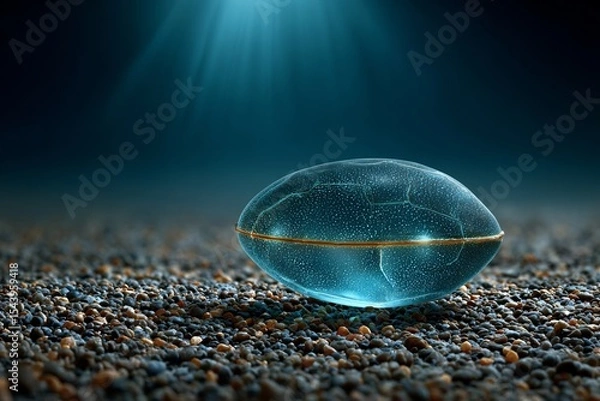 Fototapeta Bioluminescent shark egg sac glowing underwater seafloor natural lighting and close up of translucent casing in marine setting