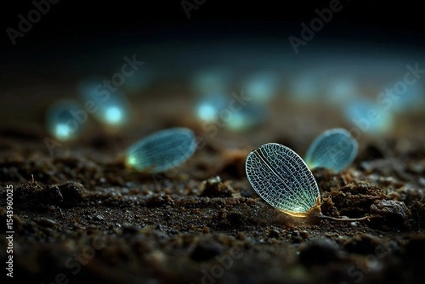 Fototapeta Bioluminescent seed pods glowing subtly after falling into moist rainforest floor natural decay light emission process in realism