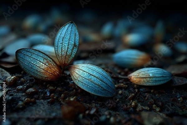 Fototapeta Bioluminescent seed pods glowing subtly after falling into moist rainforest floor natural decay light emission process in realism