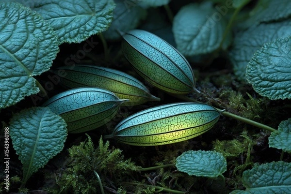 Fototapeta Bioluminescent seed pods glowing subtly after falling into moist rainforest floor natural decay light emission process in realism