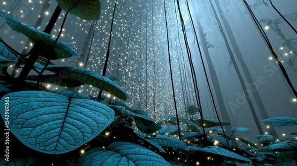 Fototapeta Bioluminescent rainforest night with glowing insects and plants thick vines hanging in fog surreal twilight ambiance in a magical tropical jungle