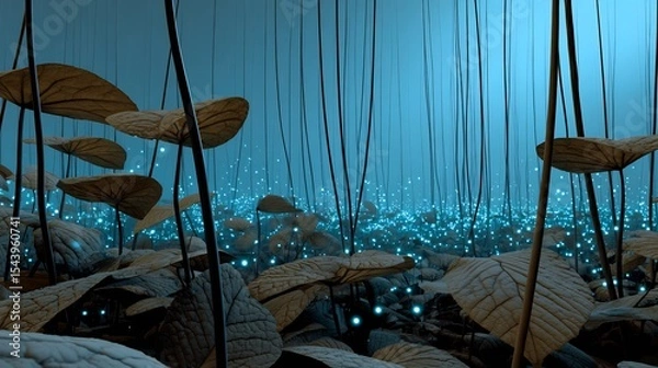 Fototapeta Bioluminescent rainforest night with glowing insects and plants thick vines hanging in fog surreal twilight ambiance in a magical tropical jungle