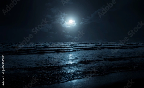 Obraz Moon over sea or ocean. Night view. A good background for the theme of travel, vacation, voyage. Moonlight background.