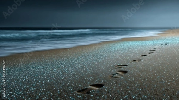 Fototapeta Bioluminescent plankton lighting up footprints a beach captured in realistic low light photography after dark