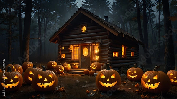 Fototapeta A swarm of flying jack-o'-lanterns attacking a small cabin in the woods, their mouths open with fire pouring out.