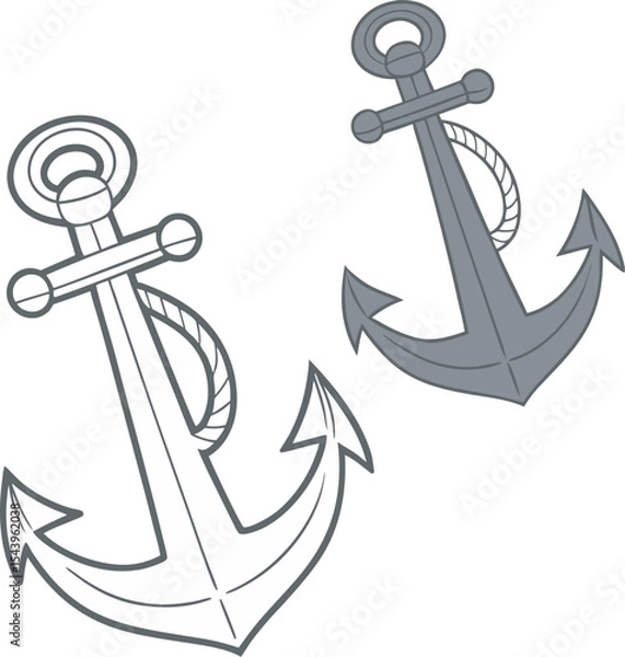 Obraz Stylized Gray Anchor Pair Illustration – Light and Dark Gray Anchors with Traditional Design Featuring Flukes, Circular Tops, and Rope Detail on Plain White Background – Nautical Vector Art for Logos,