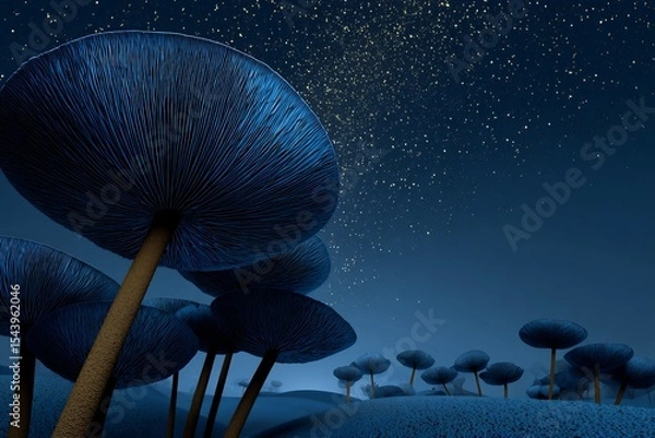 Fototapeta Bioluminescent mushroom valley night giant fungi glowing in soft blues and purples fantasy terrain under stars
