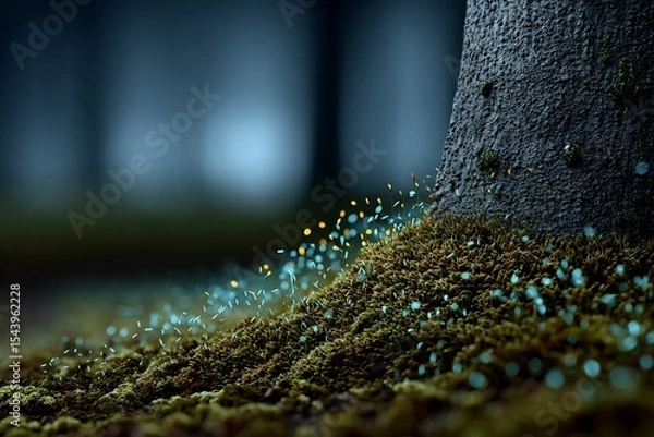 Fototapeta Bioluminescent moss growing the side of a tree trunk natural low light forest setting during twilight hyper realistic nature focus