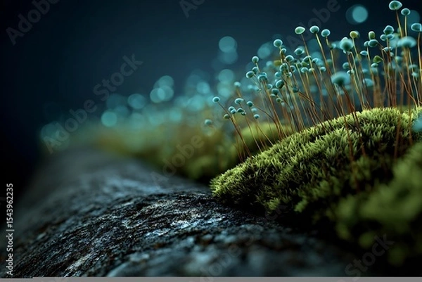 Fototapeta Bioluminescent moss growing the side of a tree trunk natural low light forest setting during twilight hyper realistic nature focus