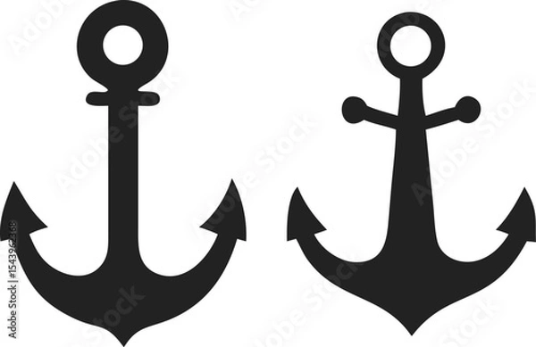 Obraz Pair of Black Silhouette Anchors – Traditional Nautical Designs with Circular Tops, Vertical Shafts, and Flukes – One with Single Crossbar and One with Double Crossbars for Marine-Themed Logos, Tattoo