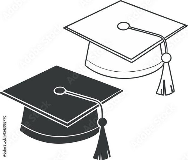 Obraz Black and White Graduation Cap Illustration – Pair of Stylized Mortarboards with Flat Tops, Rounded Bases, and Hanging Tassels – Minimalist Academic Symbol for Education Ceremony Decor  Graphic Design