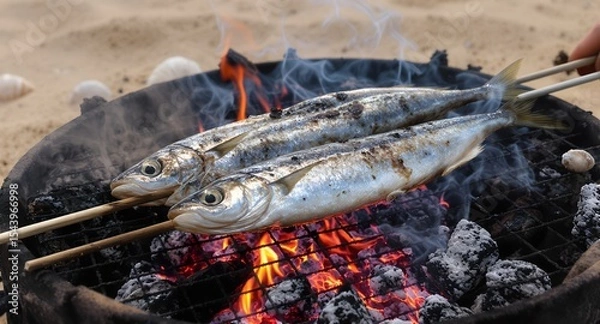 Fototapeta Traditional grilled sardines on skewer over open fire at the beach. Spanish espeto style barbecue. Concept of summer, seafood, coastal cuisine, and outdoor cooking. Warm and rustic setting.