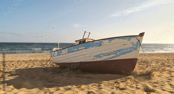 Fototapeta Old wooden fishing boat on sandy beach under warm sunlight. Coastal scene with ocean waves and rustic charm. Ideal for travel, maritime, nostalgia, or seaside lifestyle themes.
