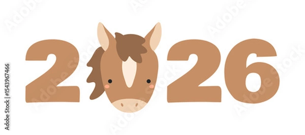 Obraz 2026 New Year typography, cute cartoon horse face isolated. Flat style vector illustration. Asian zodiac sign, animal character. Chinese Lunar New Year kawaii holiday card, banner, design element