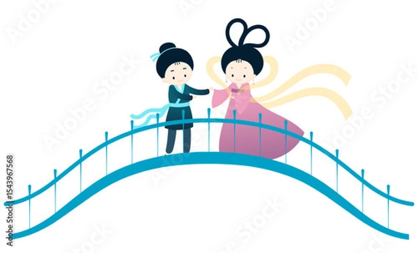 Obraz Qixi Festival, Tanabata lovers meeting on magpie bridge kawaii characters illustration, isolated vector. Hand drawn cute flat style design. Traditional Chinese holiday element. China Valentines Day