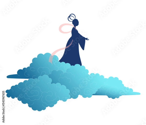 Obraz Qixi Festival, Tanabata weaver girl Orihime on fluffy clouds silhouette illustration, isolated vector. Hand drawn flat style design. Traditional Chinese, Japanese holiday element. China Valentines Day