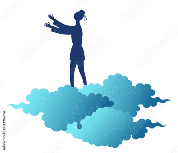 Obraz Qixi Festival, Tanabata cowherd, Hikoboshi on fluffy clouds silhouette illustration, isolated vector. Hand drawn flat style design. Traditional Chinese, Japanese holiday element. China Valentines Day