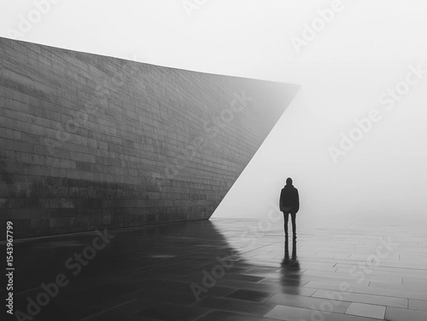 Fototapeta Silhouette of Person Standing in Front of Modern Architectural Structure with Reflective Floor in Foggy Atmosphere