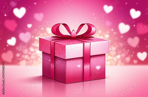 Fototapeta Pink gift box with bow on blured bokeh background. Banner