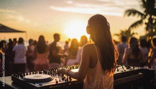 Obraz  Beach Summer Party DJ. A DJ enjoying and playing music at a lively summer beach party, surrounded by dancing and cheerful people.