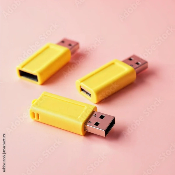 Obraz Three yellow usb flash drives on pink background
