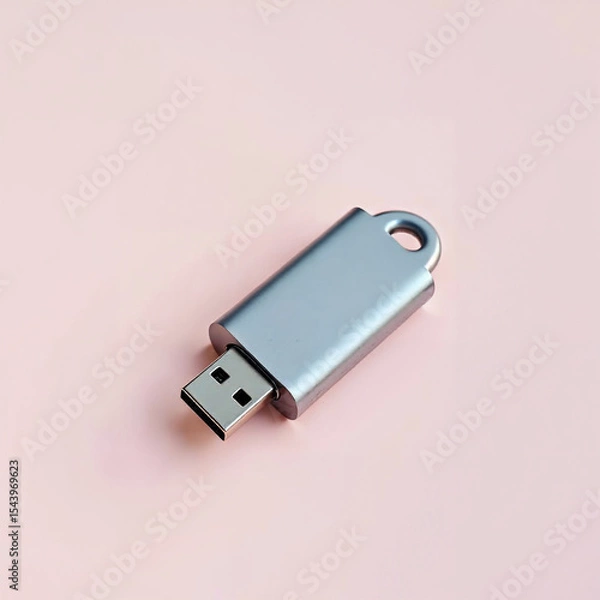Obraz Silver usb flash drive with keychain on pink background