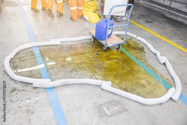 Obraz Industrial Spill Cleanup Using Absorbent Material on Contaminated Floor