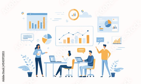 Fototapeta set of business people analyzing data on charts and graphs. Business using remote servers to analyzing large sets of data and recognizing mistakes.