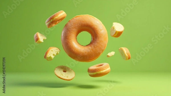Fototapeta Levitating whole and sliced plain donut pieces floating against green background with soft shadows creating playful and fresh atmosphere