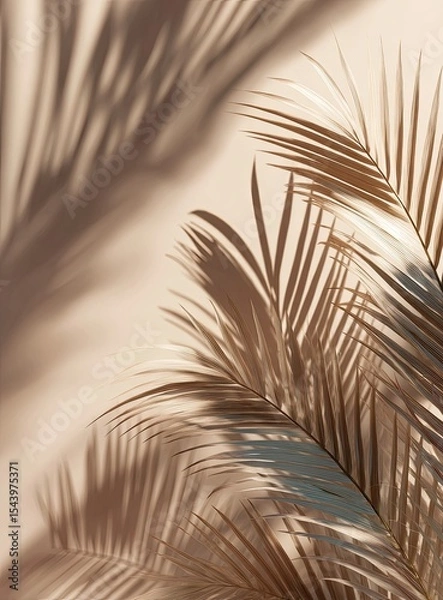 Fototapeta Warm-toned palm fronds cast dramatic shadows against a pale background, creating a minimalist, elegant aesthetic