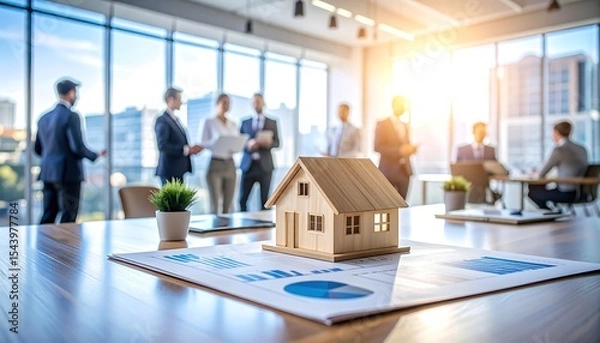 Fototapeta Business meeting with house model.