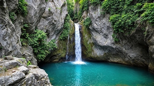 Fototapeta Serene waterfall cascading into a turquoise pool, framed by rugged cliffs and lush greenery