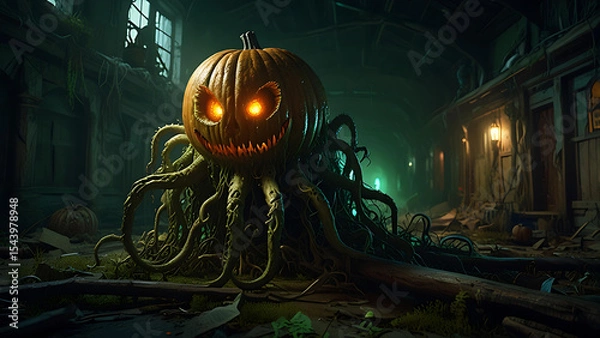 Fototapeta A massive rotting pumpkin creature with vine tentacles crawling through an abandoned village, glowing from within with eerie green light.