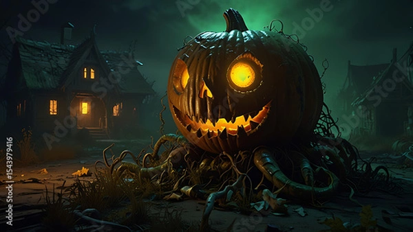 Fototapeta A massive rotting pumpkin creature with vine tentacles crawling through an abandoned village, glowing from within with eerie green light.