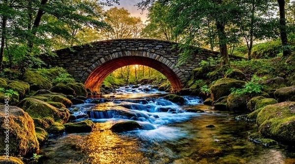 Fototapeta Rustic stone arch bridge over a flowing stream in a lush forest. Sunlight streams through the arch