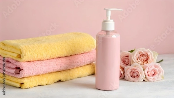Obraz a pastel pink pump bottle stands on a soft pink background