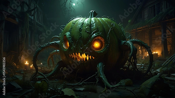 Fototapeta A massive rotting pumpkin creature with vine tentacles crawling through an abandoned village, glowing from within with eerie green light.