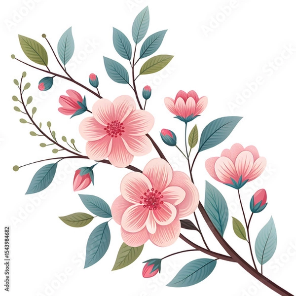 Obraz Image is a watercolor illustration featuring a branch adorned with vibrant flowers and leaves. The flowers are predominantly pink with delicate petals, some of which have subtle gradients of white and