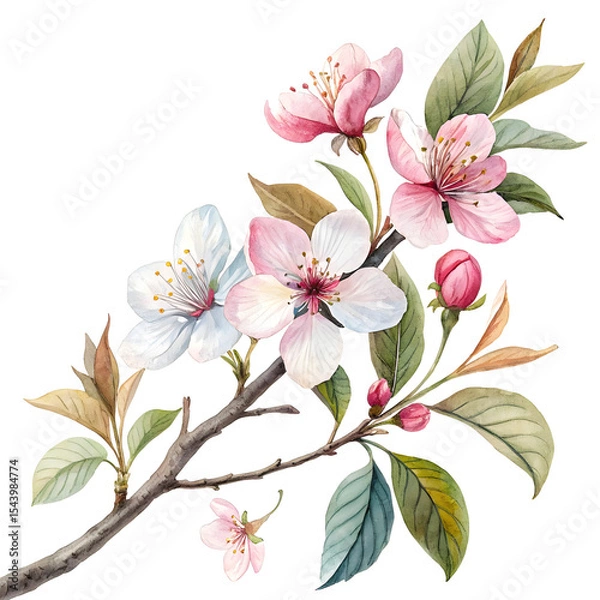 Obraz Image is a watercolor illustration featuring a branch adorned with vibrant flowers and leaves. The flowers are predominantly pink with delicate petals, some of which have subtle gradients of white and