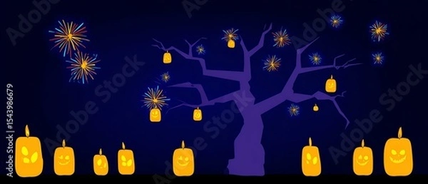 Fototapeta Halloween Night Scene with Fireworks and Jack-o'-lanterns