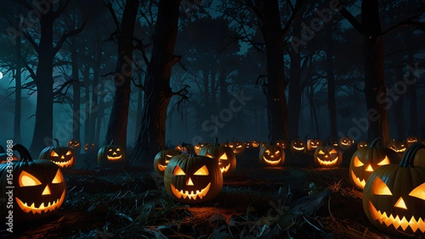Fototapeta A haunted forest at midnight with dozens of floating, demonic pumpkins with evil carved faces and glowing eyes.