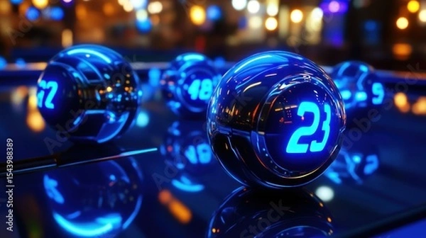 Fototapeta Close-up of glowing, metallic lottery balls on a dark reflective surface. City lights blurred in background